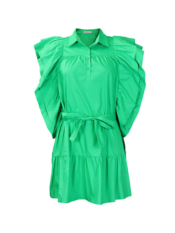 Robe courte boutonnée plissée volantée coupe trapèze, taille haute, à taille nouée, à col revers, couleur unie