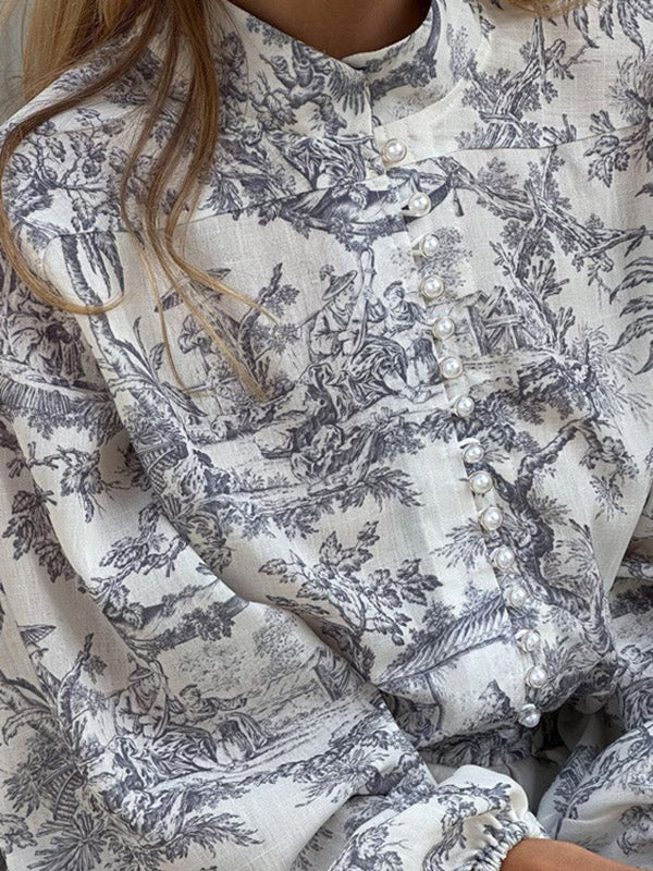 Robe courte ample plissée imprimée à manches bouffantes, à empiècements, à taille nouée, à col montant