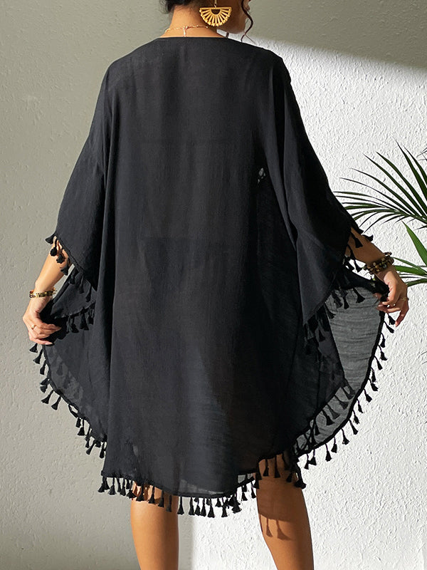 Robe mi-longue ample ajourée à manches chauve-souris, anti-UV, à pompons, à col rond, couleur unie