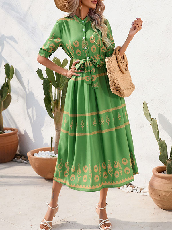 Robe mi-longue boutonnée coupe trapèze, à manches mi-longues, à taille nouée, à col revers