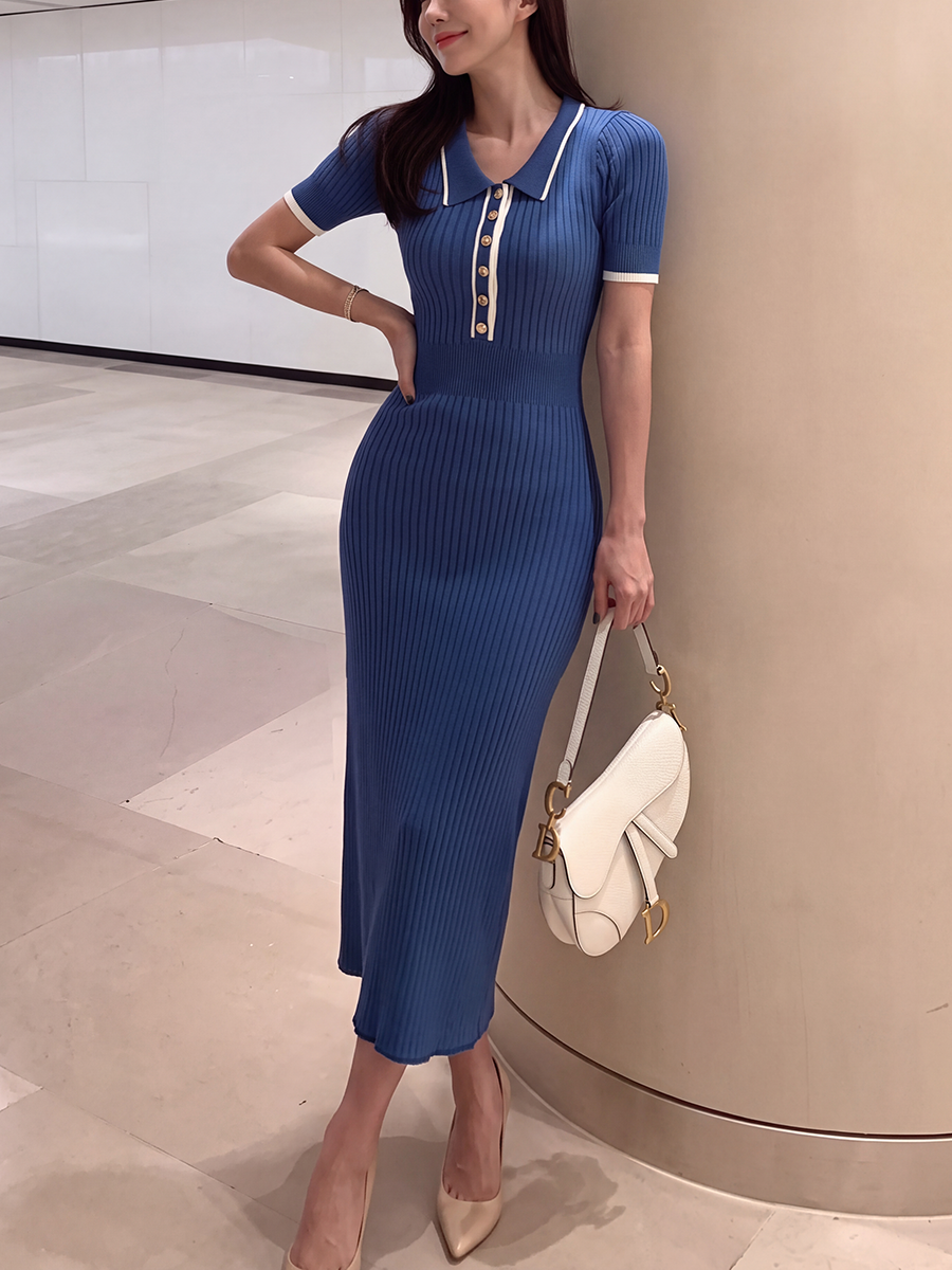 Robe mi-longue boutonnée en maille côtelée, à manches courtes, taille haute, à col revers, couleur contrastée