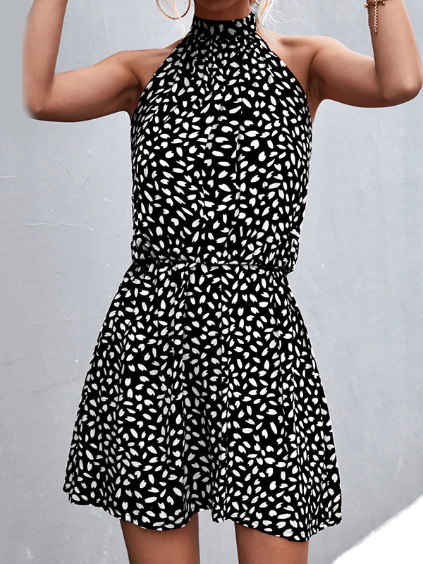 Robe courte plissée coupe trapèze, taille haute, à taille élastique, à imprimé feuilles, à col licou