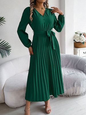 Robe longue boutonnée plissée taille haute, à manches longues, avec ceinture, à col en V, couleur unie