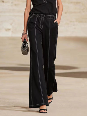 Pantalon taille haute, à jambes larges, à poches, couleur unie