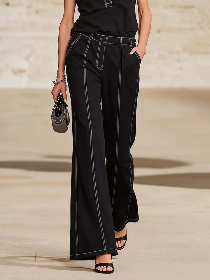 Pantalon taille haute, à jambes larges, à poches, couleur unie
