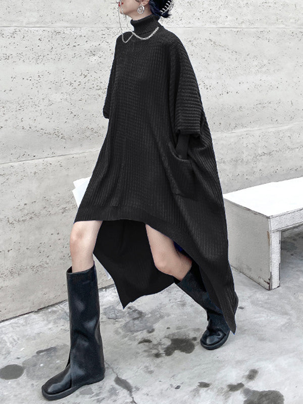 Robe pull à manches chauve-souris, à ourlet plongeant, à poches, à col haut, couleur unie
