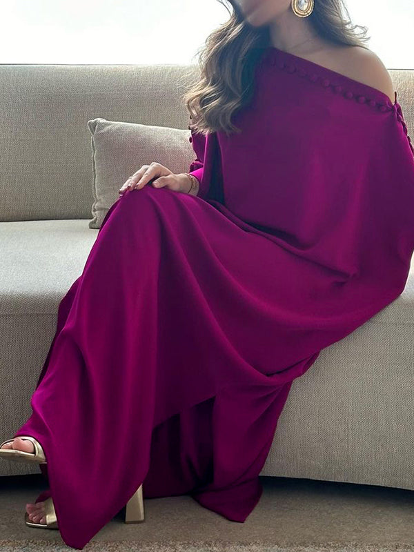 Robe longue ample boutonnée coupe droite, couleur unie