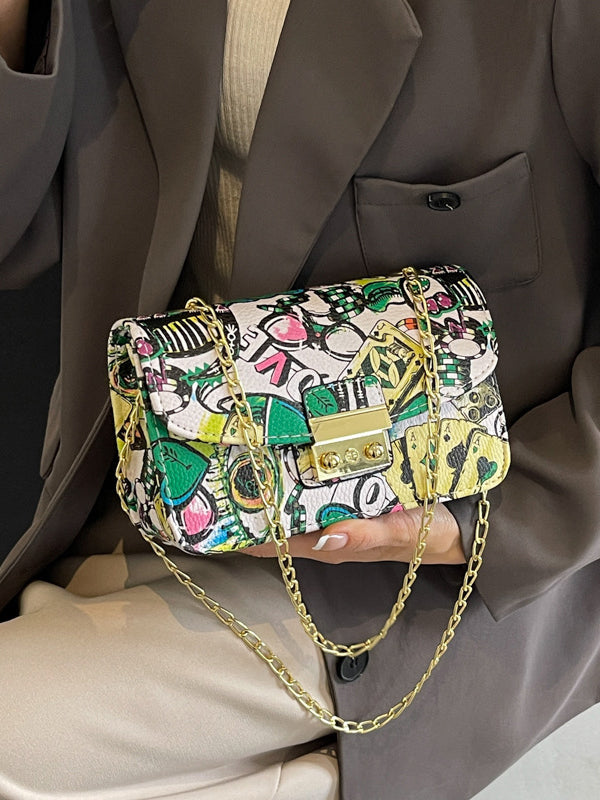 Sac bandoulière imprimé à chaîne, à fermeture éclair