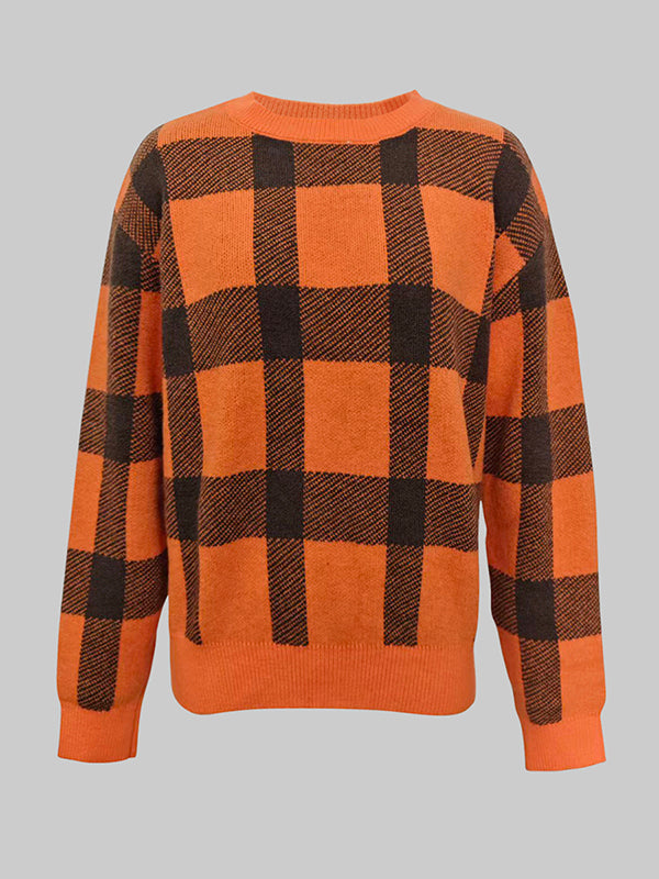 Pull à manches longues, à carreaux, à col cheminée, couleur contrastée
