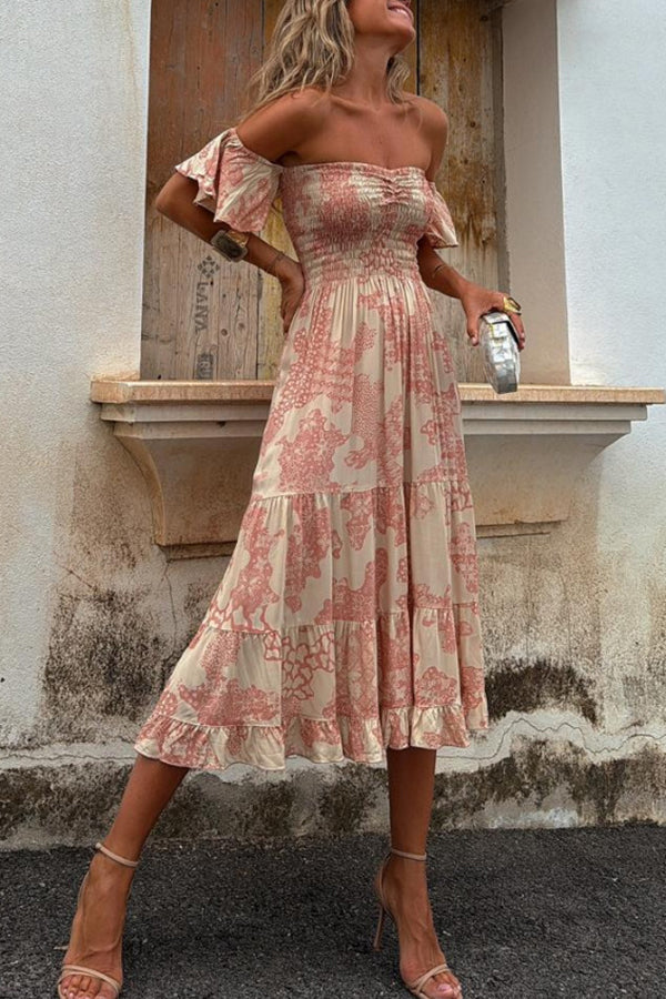 Robe midi avec décolleté épaule et imprimé romantique – Pitaya