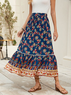 Jupe ample plissée à taille élastique, à imprimé floral, à empiècements