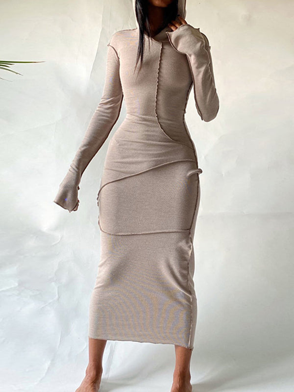 Robe longue à manches longues, grande taille, à empiècements, à capuche, couleur unie