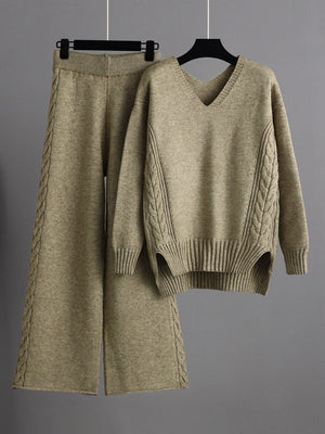 Ensemble deux pièces élégant ample à manches longues, à col en V, à jambes larges, couleur unie – pull + pantalon