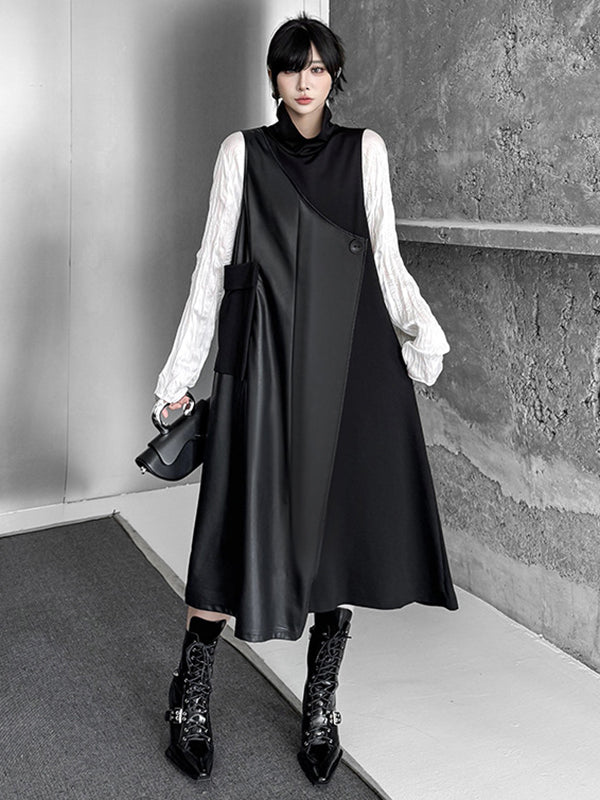 Robe mi-longue ample asymétrique boutonnée à coupe irrégulière, à empiècements, à col haut, couleur unie