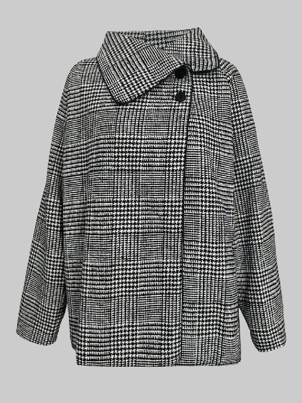 Veste ample asymétrique à manches longues, à motif pied-de-poule, à carreaux, à col montant