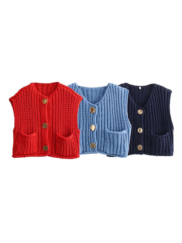 Gilet sans manches ample boutonné à poches, à col en V