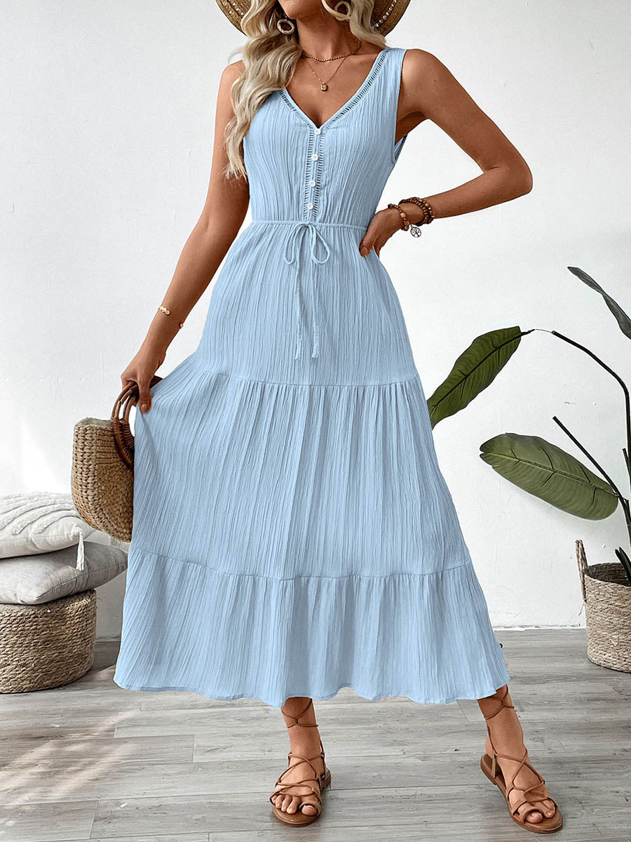 Robe longue boutonnée plissée coupe trapèze, taille haute, à taille nouée, à col en V, couleur unie