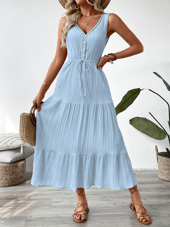Robe longue boutonnée plissée coupe trapèze, taille haute, à taille nouée, à col en V, couleur unie