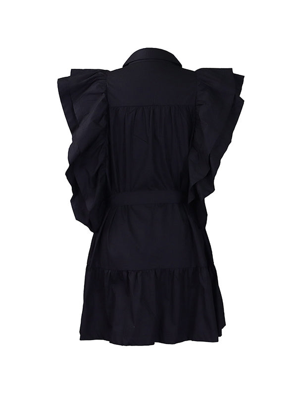 Robe courte boutonnée plissée volantée coupe trapèze, taille haute, à taille nouée, à col revers, couleur unie