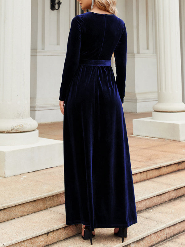 Robe longue plissée à manches longues, coupe portefeuille, avec ceinture, à fermeture éclair, à col rond, couleur unie
