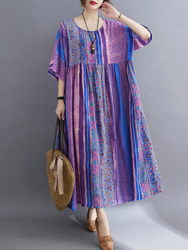 Robe mi-longue vintage à imprimé floral rayé et poche latérale