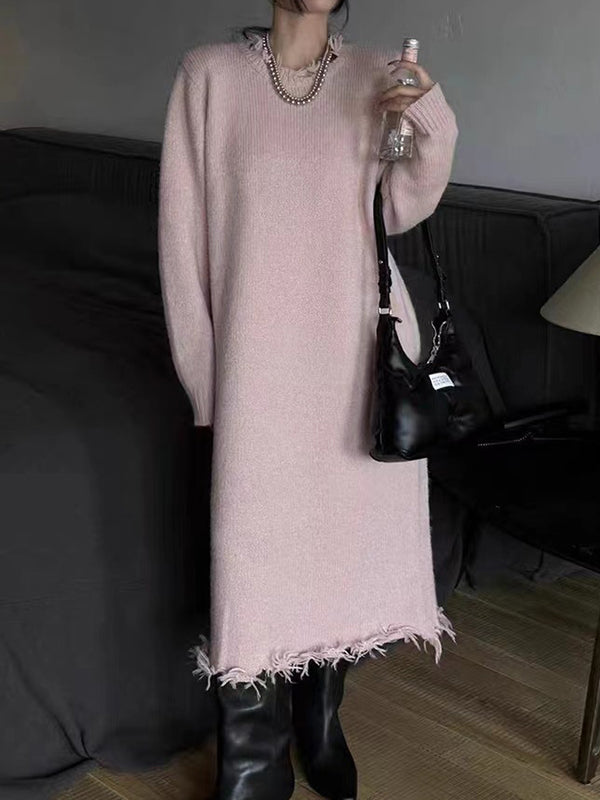 Robe pull taille haute, à manches longues, à franges, à col rond, couleur unie