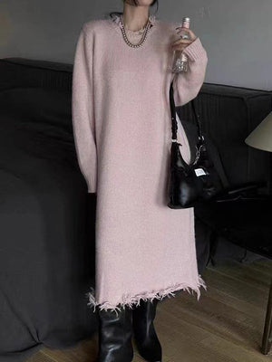 Robe pull taille haute, à manches longues, à franges, à col rond, couleur unie