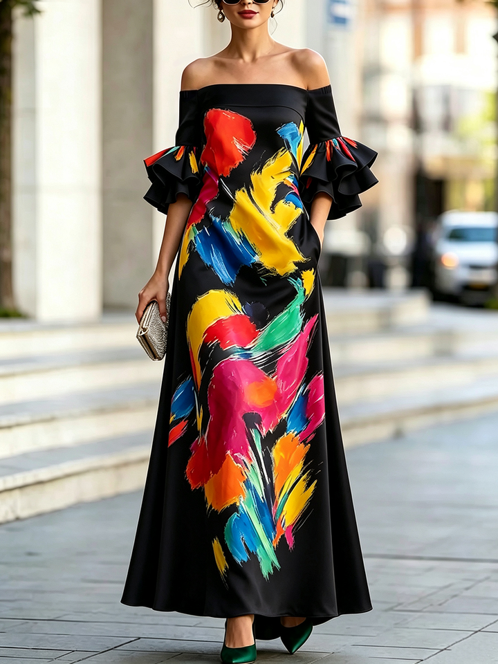 Robe longue imprimée à fermeture éclair, à poches, à taille élastique, à manches volantées, à manches mi-longues, à épaules dénudées, couleur contrastée