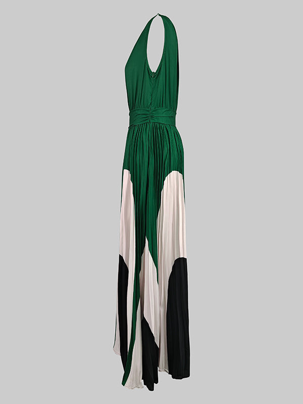 Robe longue asymétrique plissée imprimée sans manches, asymétrique à une épaule