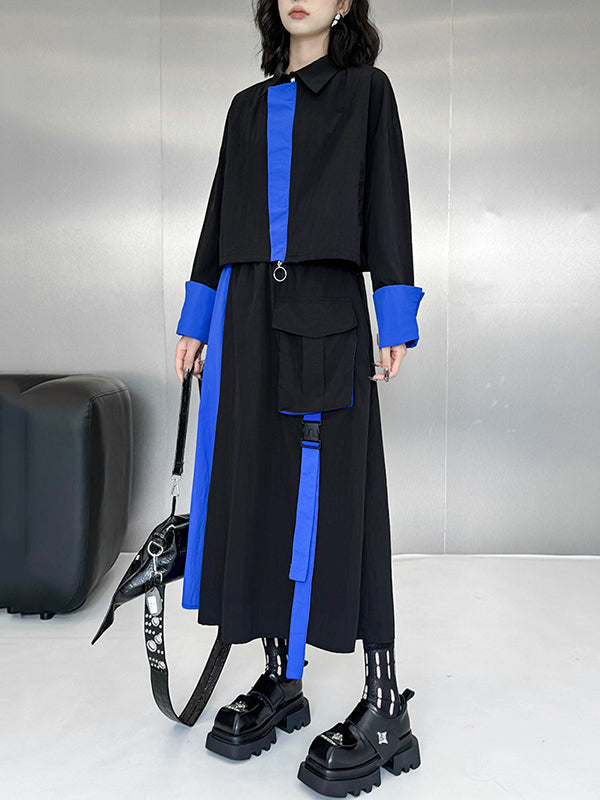 Ensemble deux pièces asymétrique à empiècements, à col revers, coupe trapèze, à taille élastique, à poches, à rubans, couleur contrastée – chemisier + jupe