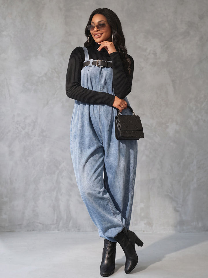 Salopette à taille élastique, avec ceinture, à jambes larges, sans manches, à fines bretelles, couleur unie