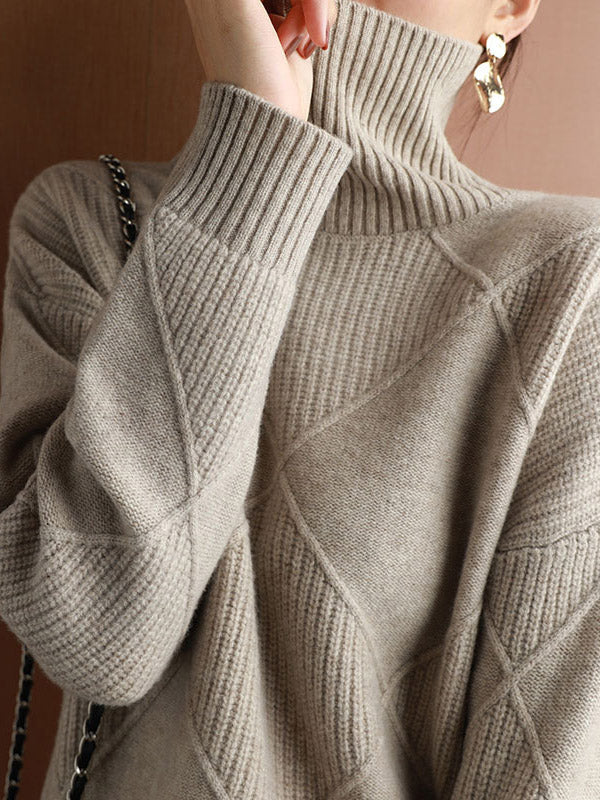 Pull décontracté ample rayé à col haut, à manches longues, couleur unie