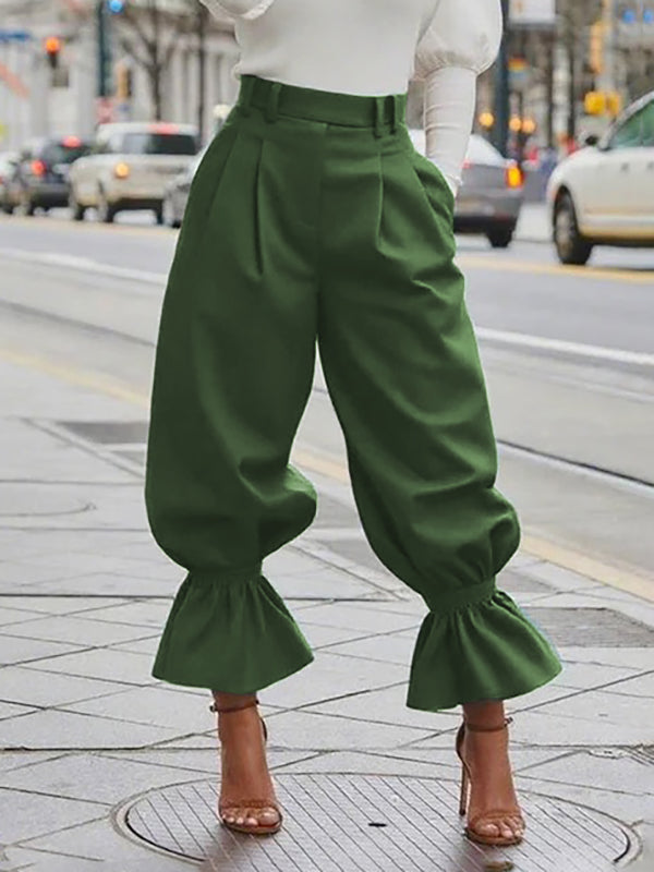 Pantalon plissé taille haute, à poches, à bordure volantée, couleur unie