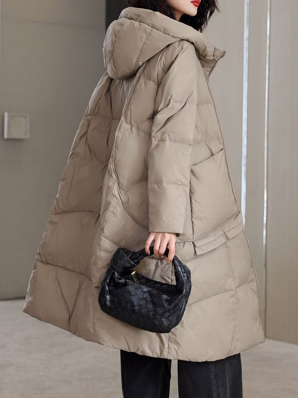 Manteau en duvet à capuche à manches longues et poches amples de couleur unie