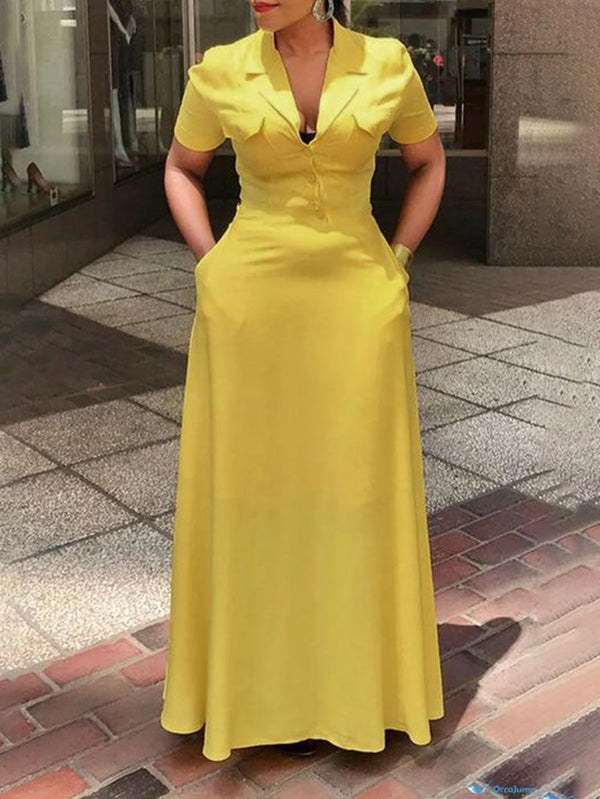 Robe longue boutonnée ample à poches, coupe trapèze, à décolleté en V profond, couleur unie