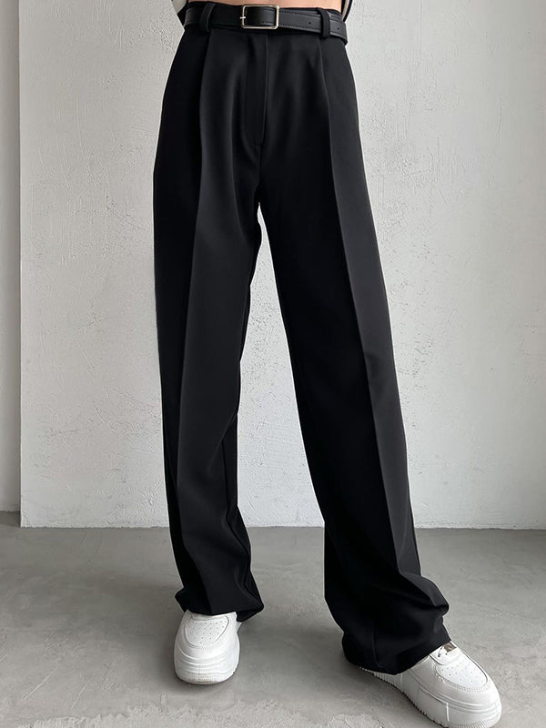 Pantalon ample taille haute, sans ceinture, couleur unie