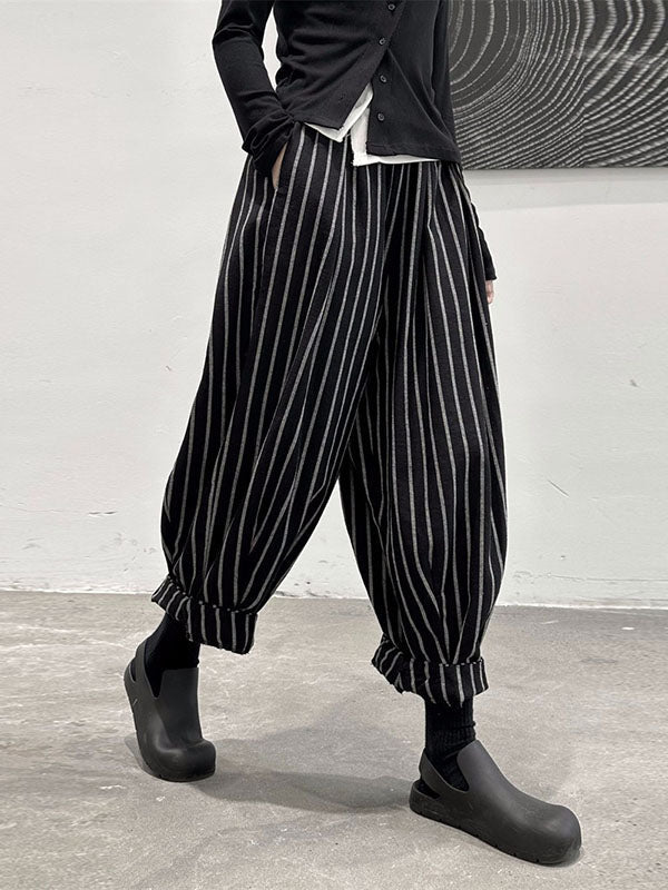 Sarouel ample taille haute fendu-joint motifs rayés pantalon pantalon