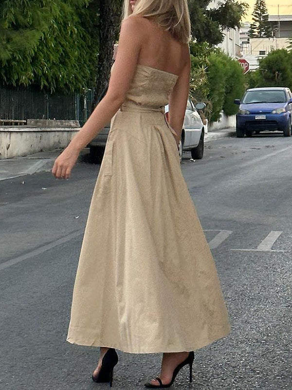 Robe longue ample boutonnée coupe trapèze, avec ceinture, à poches, bustier