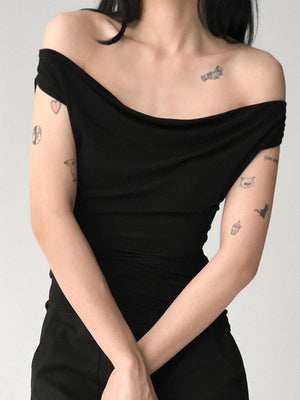T-shirt noué coupe près du corps, sans manches, dos nu, à empiècements, à épaules dénudées, couleur unie