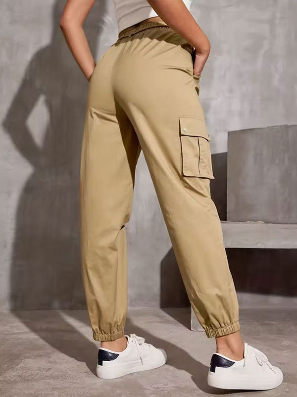 Pantalon taille haute, à taille élastique, à poches, à empiècements, à taille nouée, couleur unie