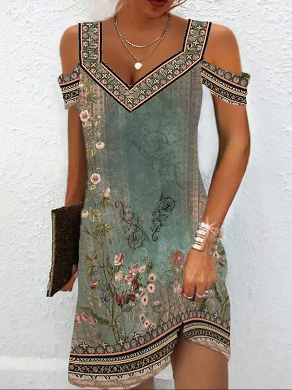 Robe courte ajourée coupe trapèze, taille haute, à imprimé floral, à épaules ajourées