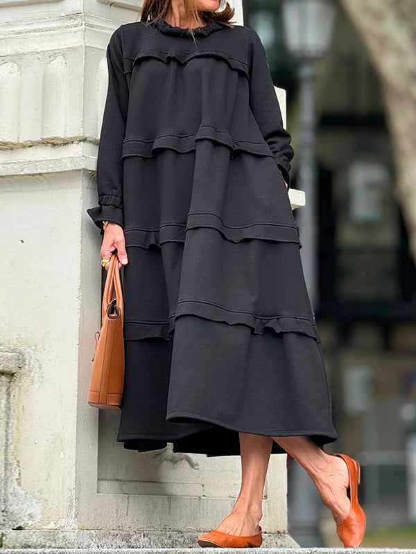 Robe longue ample volantée coupe trapèze, à empiècements, à col rond, couleur unie