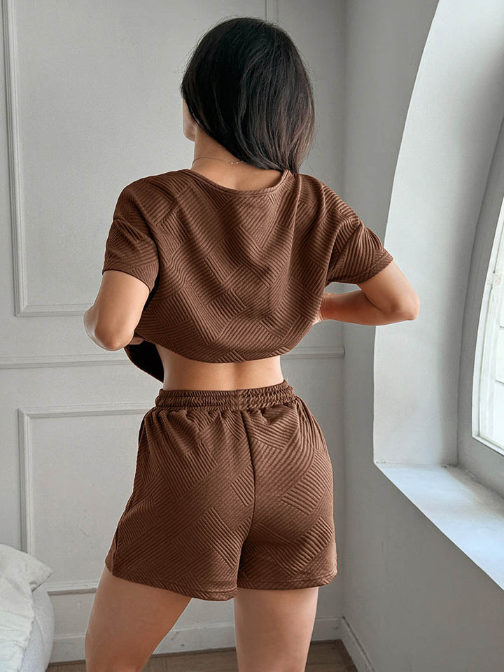 Ensemble deux pièces ample à col rond, à manches courtes, en jacquard, à poches, à taille nouée, couleur unie – t-shirt + short
