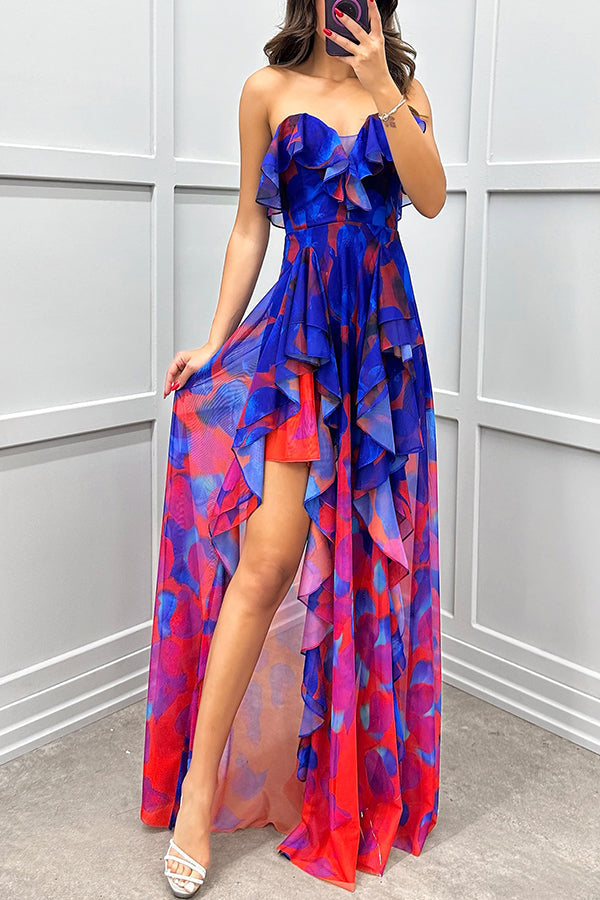 Georgia - Robe maxi sans épaules avec dégradé de couleurs, imprimé, volants et fente