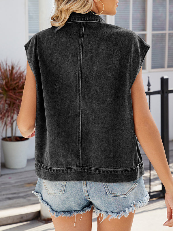 Gilet sans manches ample boutonné à poches, à col revers