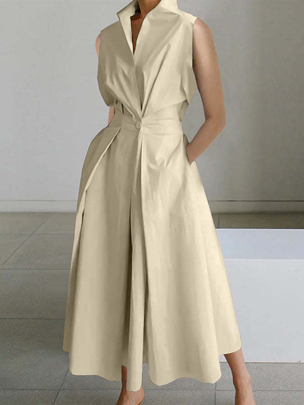 Robe mi-longue sans manches, à col revers, couleur unie