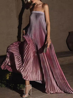 Robe de soirée longue ample plissée coupe trapèze, à taille élastique, en dégradé, bustier