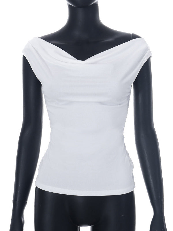 T-shirt noué coupe près du corps, sans manches, dos nu, à empiècements, à épaules dénudées, couleur unie