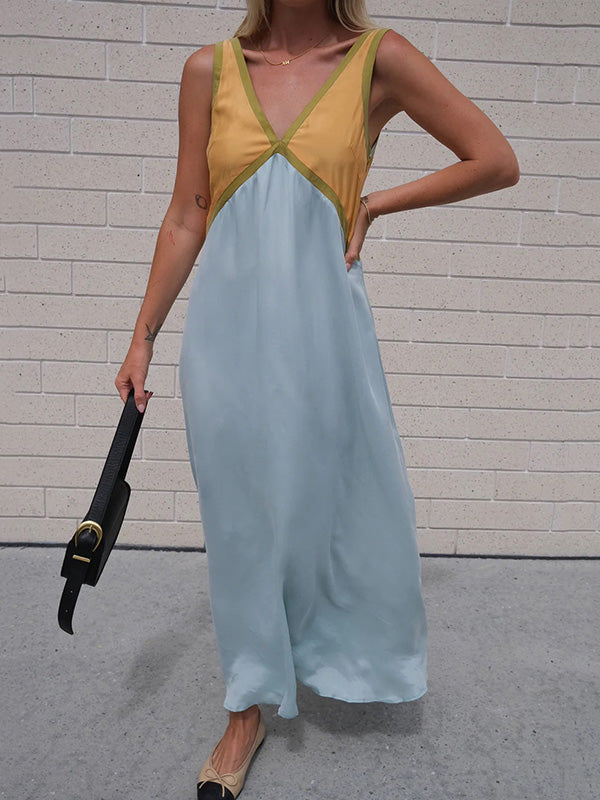 Robe longue ample sans manches, à empiècements, à décolleté en V profond, couleur contrastée
