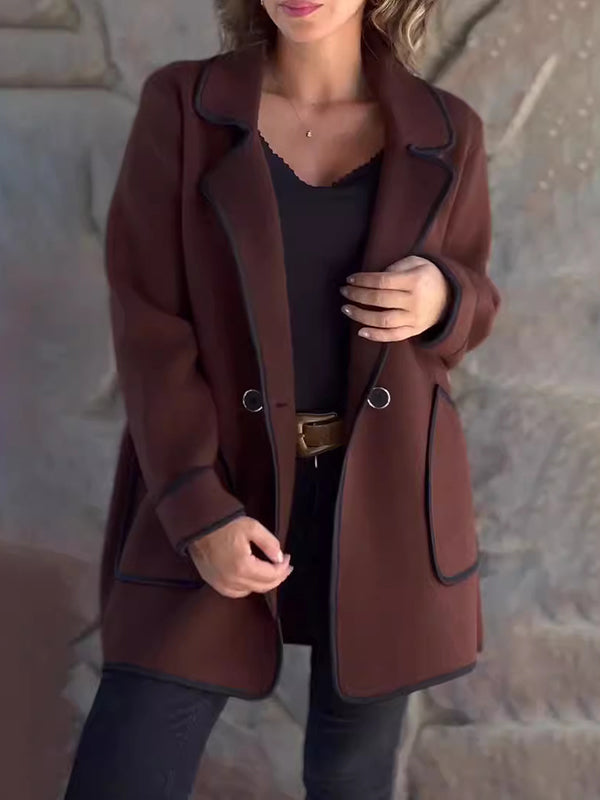 Manteau en laine ample boutonné à manches longues, à poches, à empiècements, à col cranté